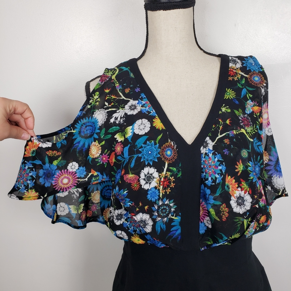 nicole by Nicole Miller Floral Black Bodycon Flutter Sleeve Midi Dress 14 - Picture 7 of 11